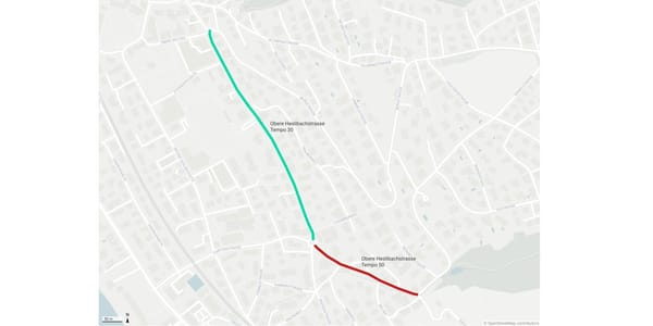In Rot: der Abschnitt der Oberen Heslibachstrasse, auf der aktuell noch 50 km/h gefahren werden kann. (Bild: bre)